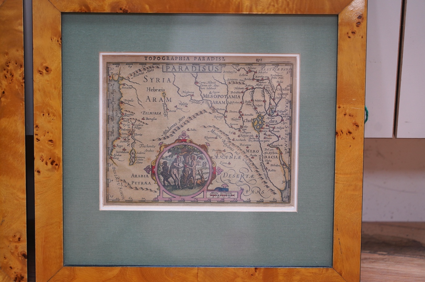 Hondius Mercator, two maple framed maps, “Romani Imperii Imago” and “Paradisus”, 15 x 20cm. Condition - fair to good